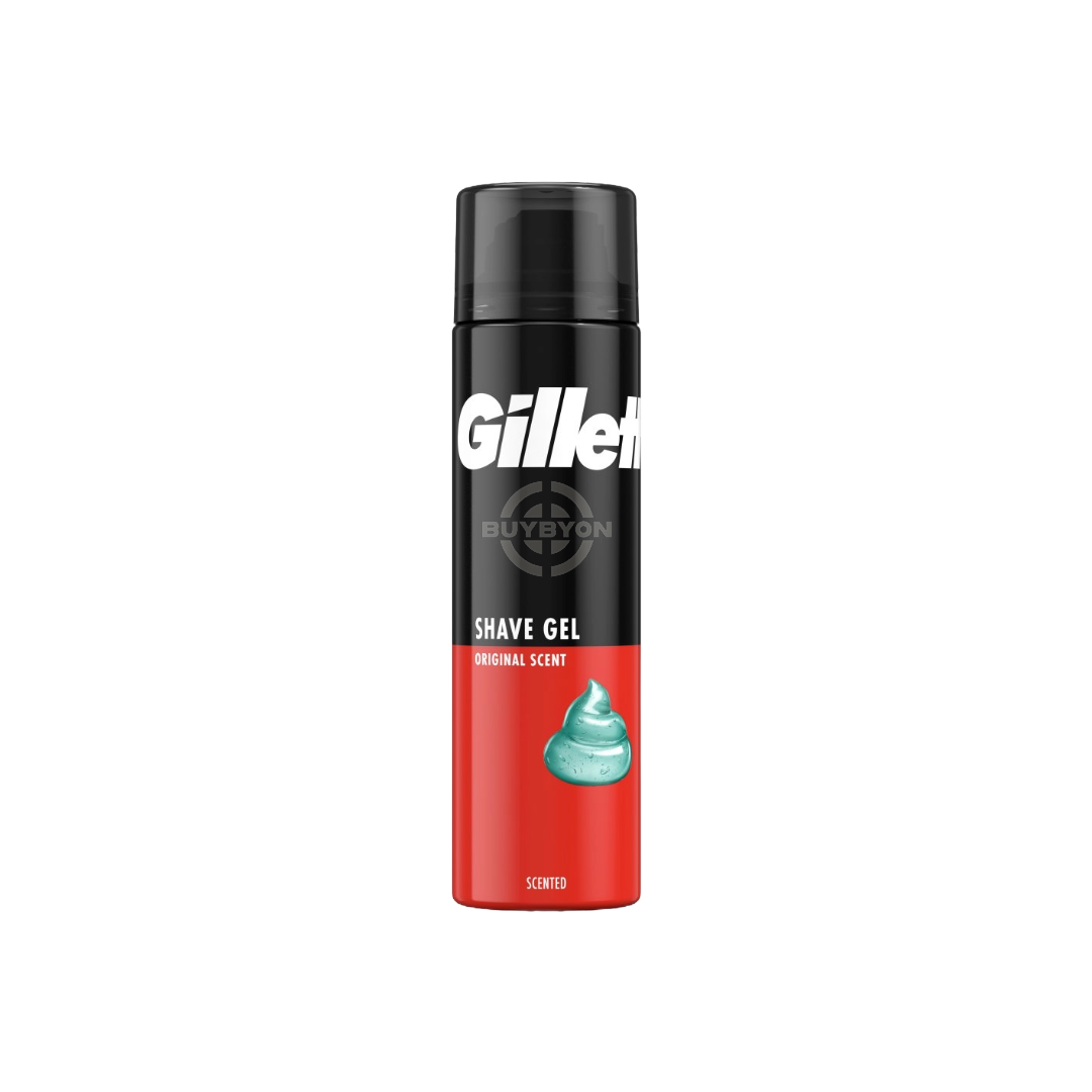 A 200ml can of Gillette Classic Shave Gel with Original Scent, showcasing its packaging and emphasizing the quick and easy shave it provides.