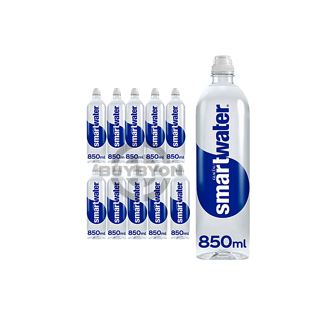 Glacéau Smartwater Still 850ml bottles in a case of 12, featuring sleek, transparent bottles with a modern label design, emphasizing purity and added electrolytes.