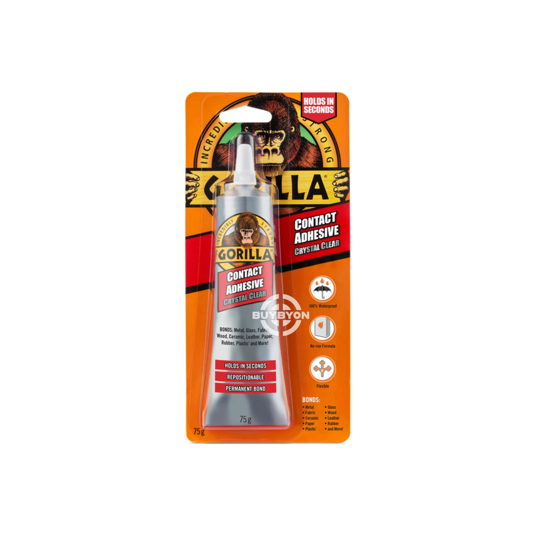 Gorilla Contact Adhesive Clear - 75g tube, designed for high-strength, transparent bonding. Ideal for various materials and quick repairs with an invisible finish.