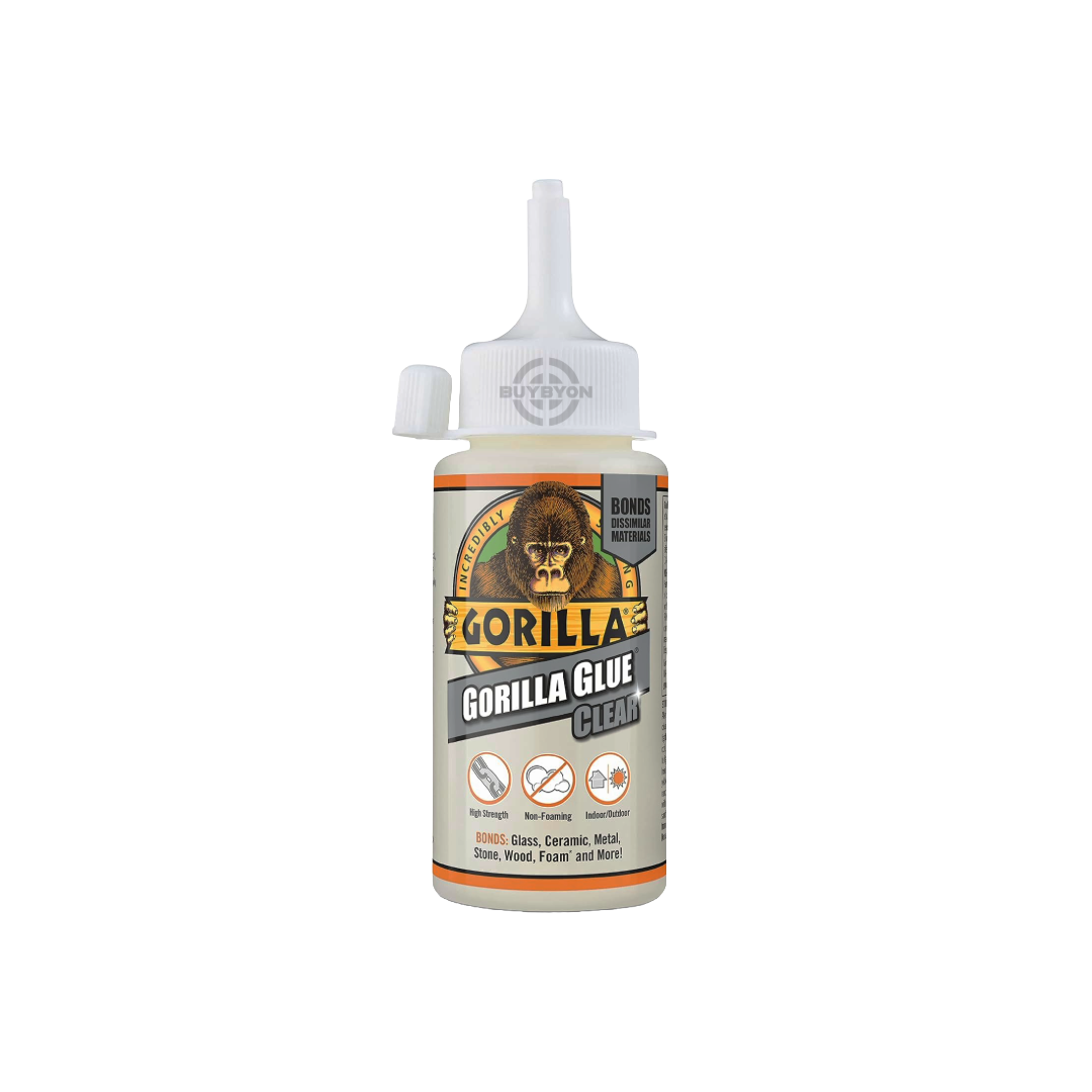 Gorilla Glue Clear - 110ml bottle, offering strong, transparent bonding for various surfaces including wood, metal, and plastic. Ideal for DIY projects and repairs with a clean, non-visible finish.