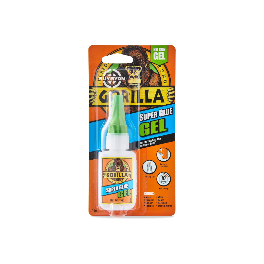 Gorilla Super Glue Gel - 15g tube, showcasing a precision applicator for strong, durable bonding on various materials. Ideal for detailed and heavy-duty repairs, with impact and moisture resistance.