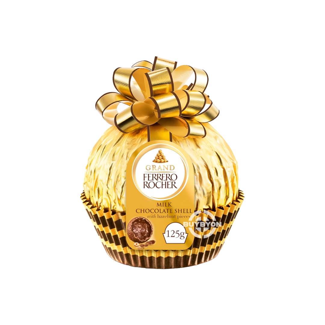 Grand Ferrero Rocher Milk - 125g featuring a large milk chocolate shell with crunchy hazelnut pieces, perfect for gifting or sharing.