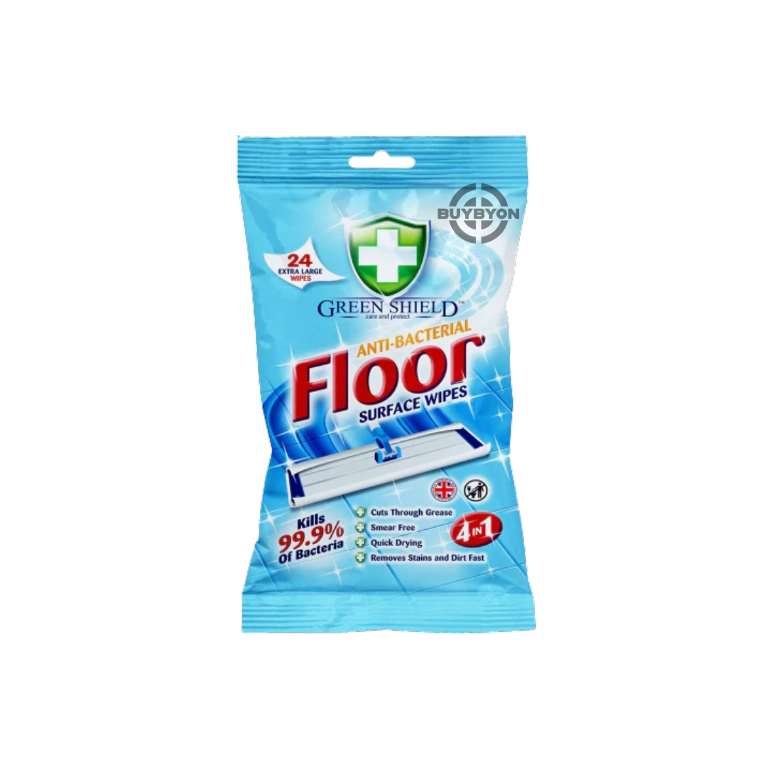 Green Shield Antibacterial Floor Wipes - 24pk, designed for effective cleaning and disinfecting of various floor surfaces, killing 99.9% of germs with a fresh scent. Ideal for quick and easy floor maintenance.