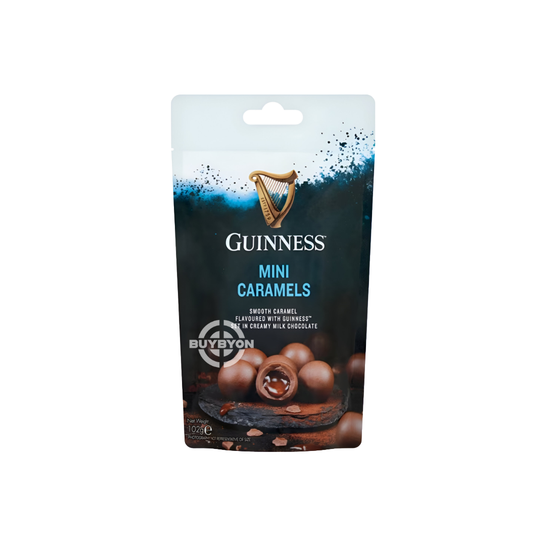 Guinness Mini Caramels Pouch - 102g featuring rich caramel sweets infused with the distinct flavour of Guinness, perfect for sharing or indulging.