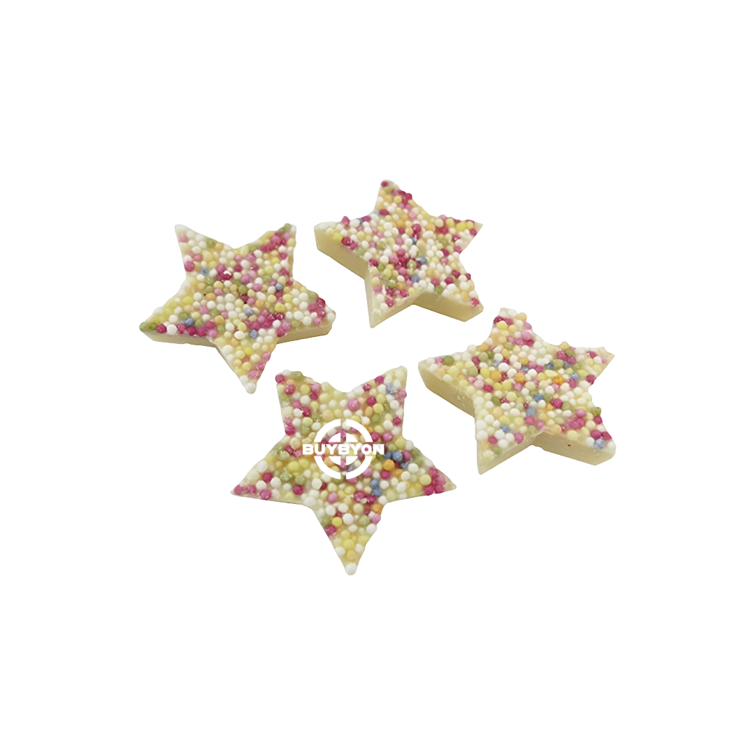 Hannah's White Chocolate Snowie Stars - 3kg, featuring white chocolate stars with a colourful, crispy candy shell.