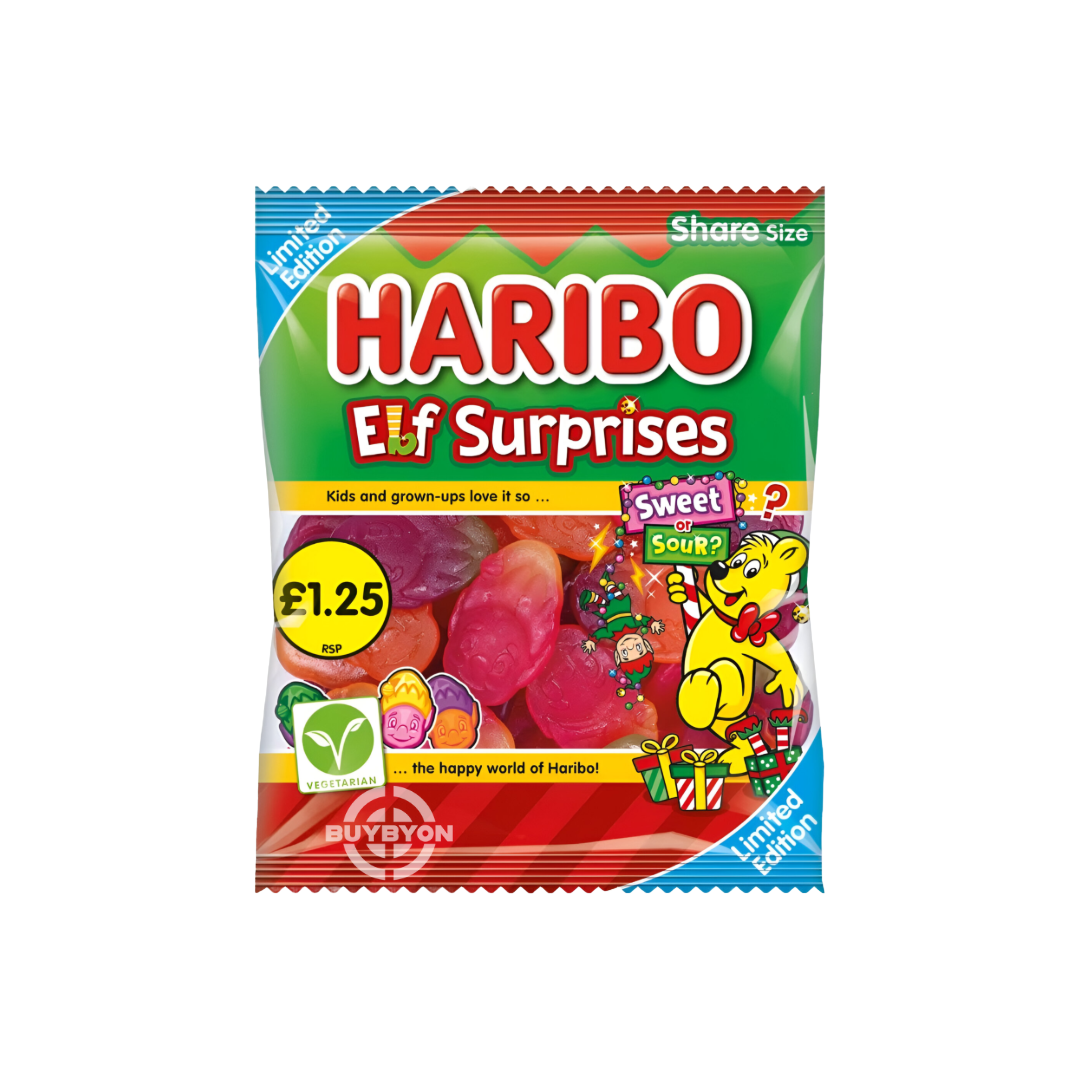 Haribo Limited Edition Elf Surprises Bag - 140g featuring a variety of fruity gummy sweets in festive elf shapes, perfect for holiday fun.