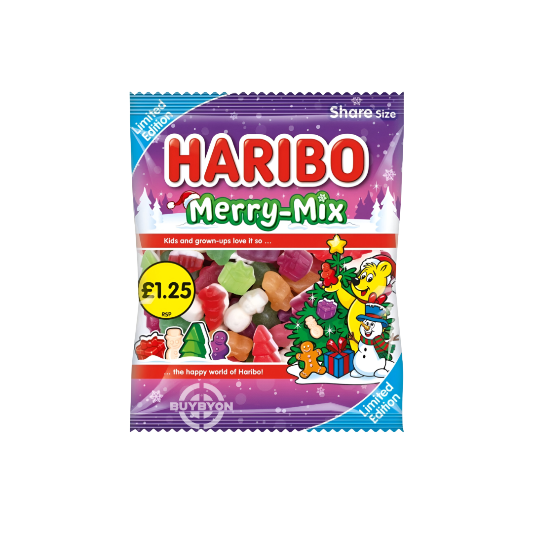 Haribo Limited Edition Merry Mix Bag - 140g featuring a variety of fruity gummy sweets in festive shapes, perfect for holiday celebrations.