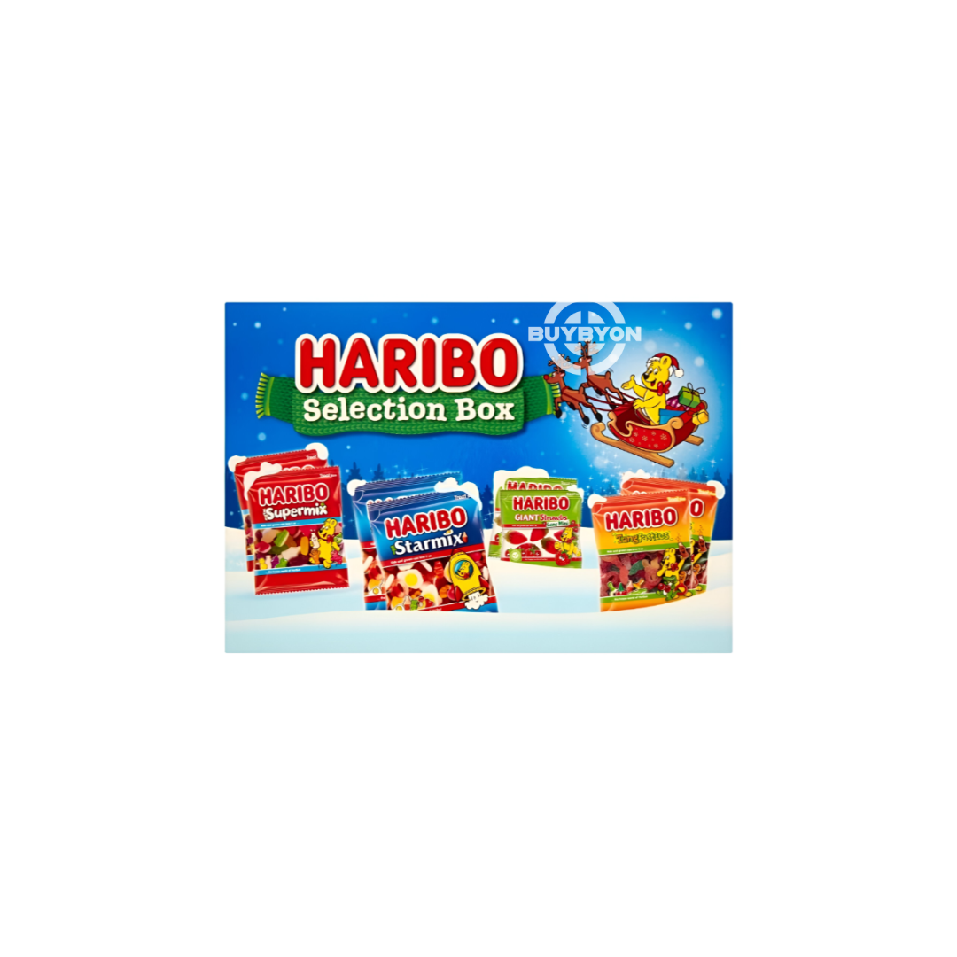 Haribo Selection Box - 182g featuring an assortment of fruity gummies and classic Haribo sweets in a festive, holiday-themed box.