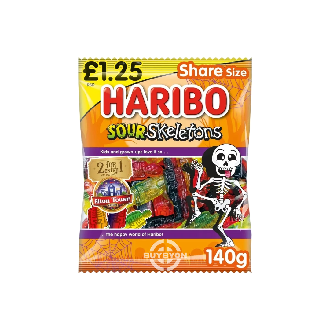 Haribo Sour Skeletons Bag – 140g of colourful, sour-coated gummy skeletons, perfect for Halloween, parties, or snacking.