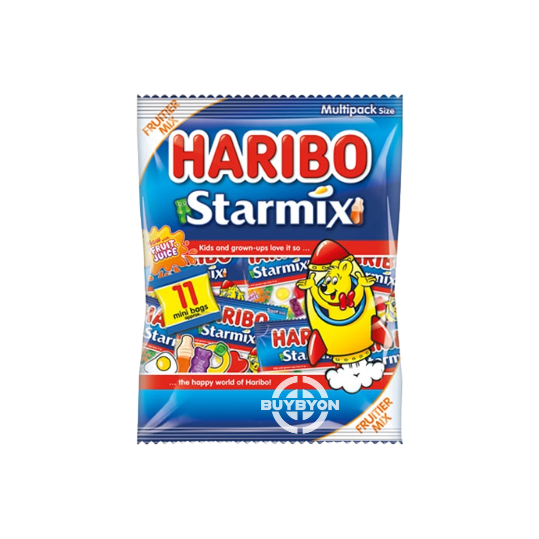 Haribo Starmix Mini Bags – 11 pack featuring an assortment of iconic gummy shapes, perfect for snacking, sharing, and on-the-go treats.