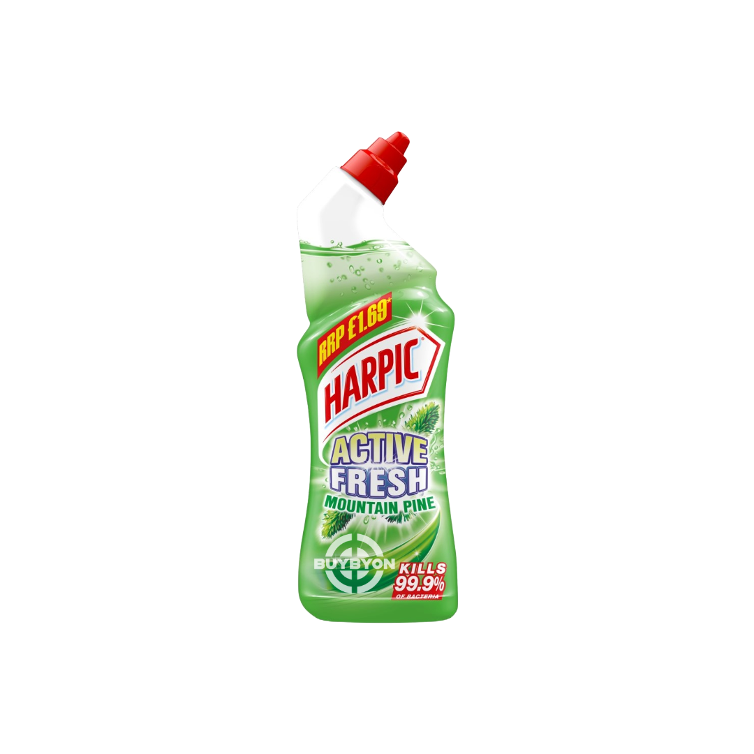 A 750ml bottle of Harpic Active Fresh Pine toilet cleaner, featuring vibrant packaging that highlights its stain removal, germ-killing capabilities, and refreshing pine scent.