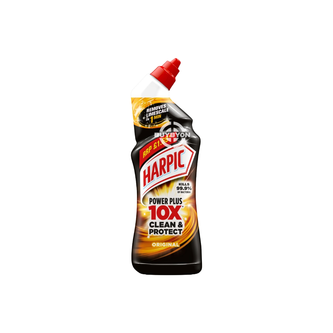 A 750ml bottle of Harpic Power Plus 10X Clean &amp; Protect Original, showcasing its thick formula and powerful cleaning capabilities with vibrant packaging that highlights its 10X cleaning power and germ protection.