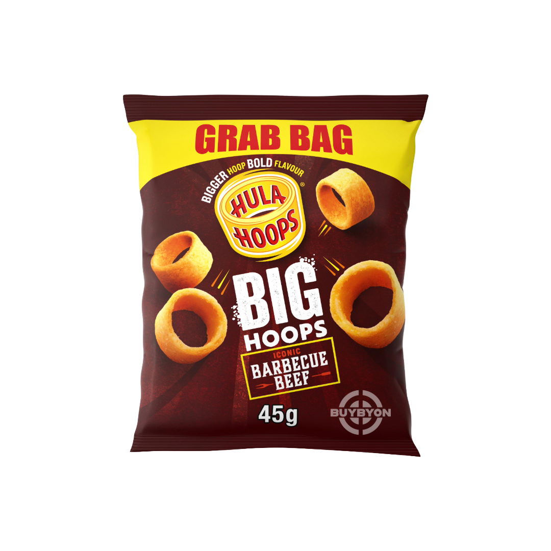 Hula Hoops Big Hoops BBQ Beef Crisps - 45g grab bag, showcasing the bold BBQ beef flavour and crunchy texture. Ideal for convenient, flavourful snacking on the go