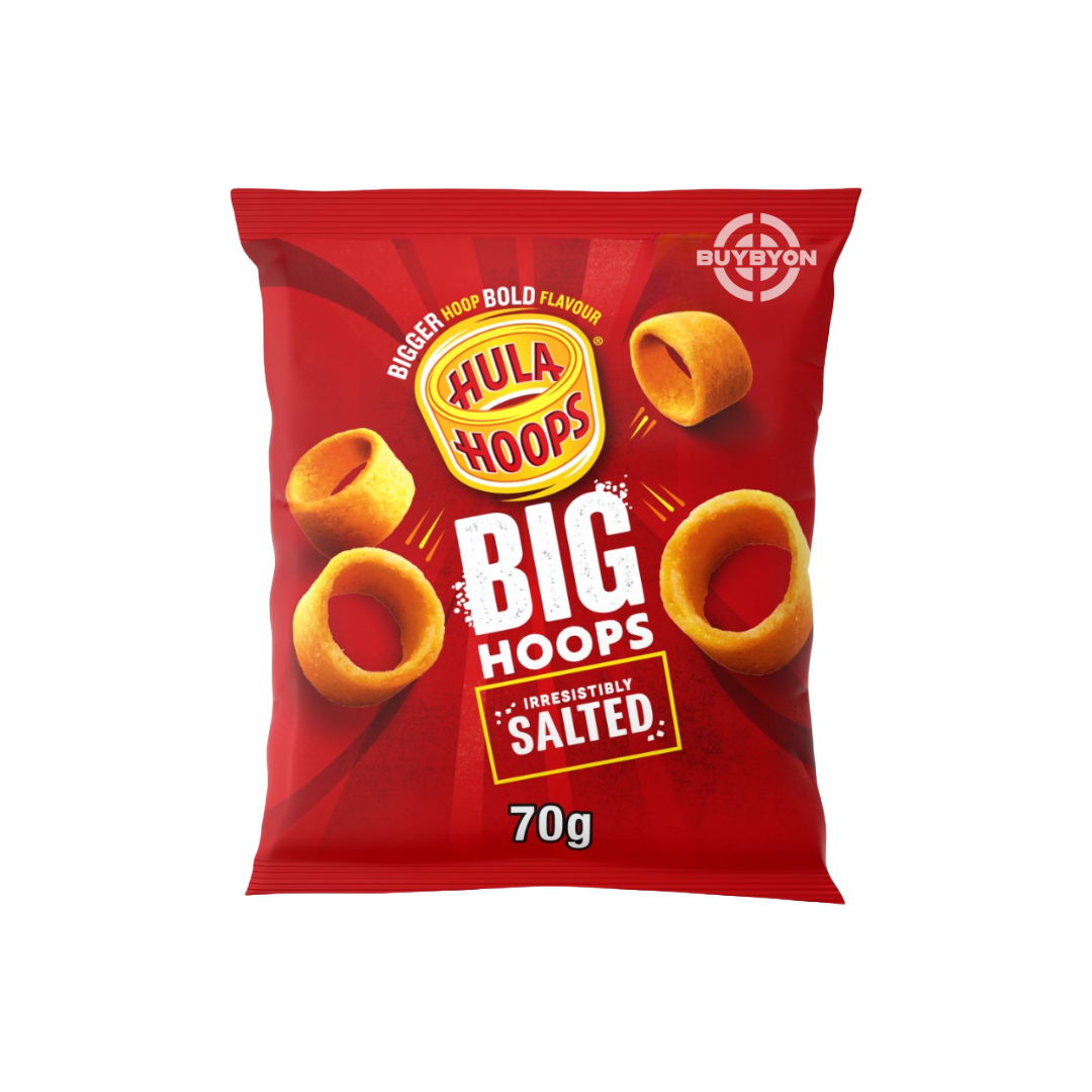 Hula Hoops Big Hoops Salted Crisps - 70g pack, featuring crispy, salted crisps with a satisfying crunch and classic flavour. Ideal for convenient snacking anytime