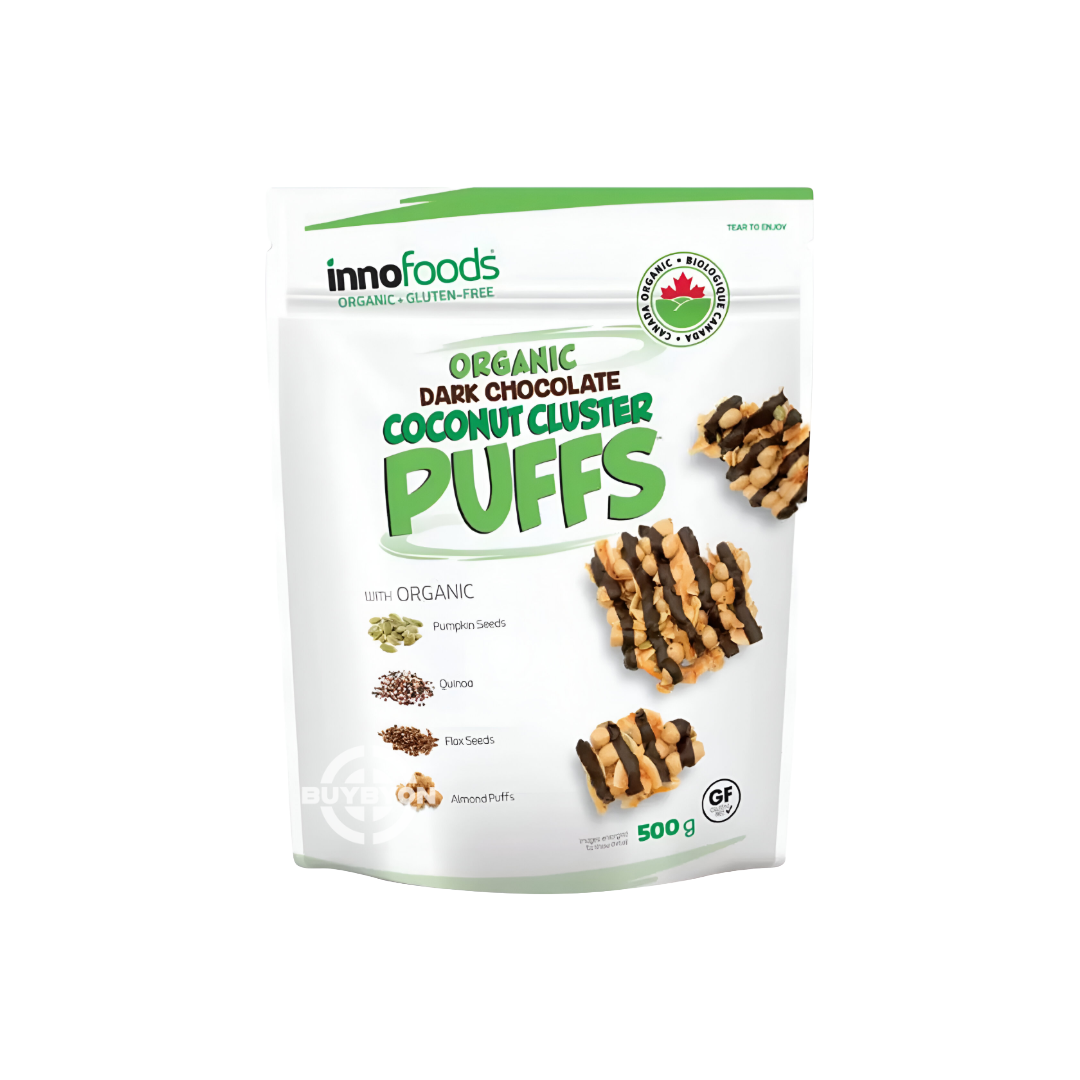 Innofoods Organic Dark Chocolate & Coconut Cluster Puffs - 500g featuring crunchy coconut and puffed grain clusters with dark chocolate, ideal for snacking.