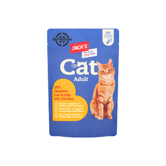 Jack's Adult Cat Complete Cuts in Jelly with Chicken - 100g pack, featuring tender chicken cuts in savoury jelly, ideal for a complete and balanced meal, available at Buybyon.co.uk