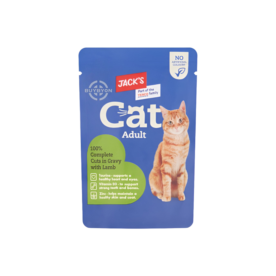 Jack's Cat Adult Cuts in Gravy with Lamb - 100g pack, featuring tender lamb cuts in rich gravy, providing complete and balanced nutrition for adult cats. Available across the UK at Buybyon