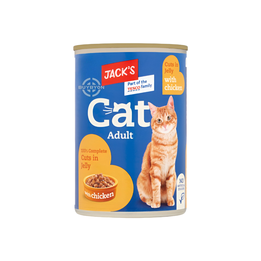 Jack's Cat Adult 100% Complete Cuts in Jelly with Chicken - 415g pack, featuring tender chicken cuts in jelly for a balanced, nutritious meal for adult cats. Available across the UK at Buybyon.