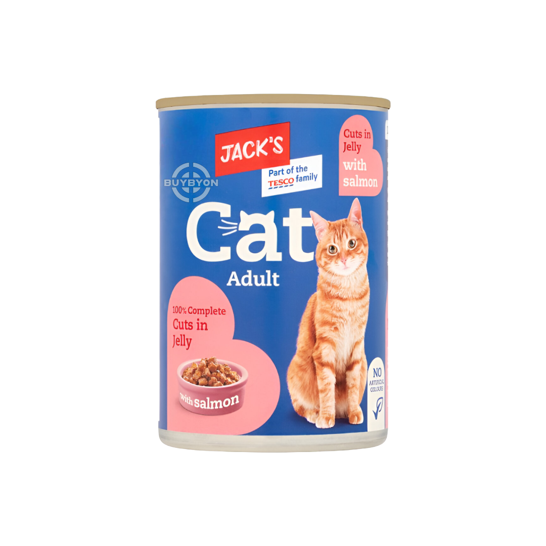 Jack's Cat Adult 100% Complete Cuts in Jelly with Salmon - 415g pack, featuring salmon cuts in jelly for a complete and balanced meal for adult cats. Available across the UK at Buybyon