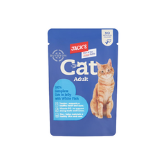 Jack's Cat Adult 100% Complete Cuts in Jelly with White Fish - 100g pack, featuring white fish cuts in jelly for a complete and nutritious meal for adult cats. Available across the UK at Buybyon