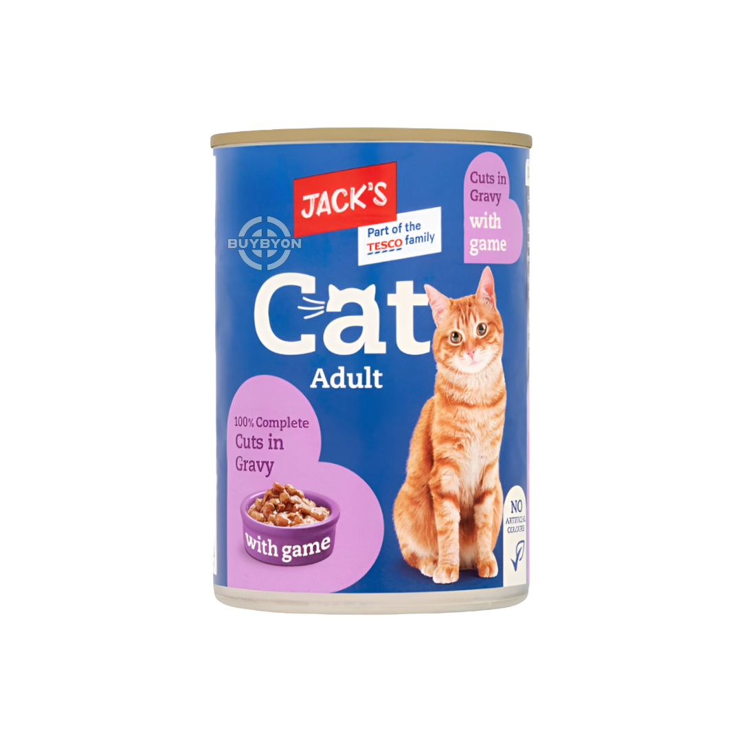 Jack's Cat Adult Complete Cuts in Gravy with Game - 415g can, featuring tender cuts of game in rich gravy, ideal for a complete and balanced meal, available at Buybyon.co.uk