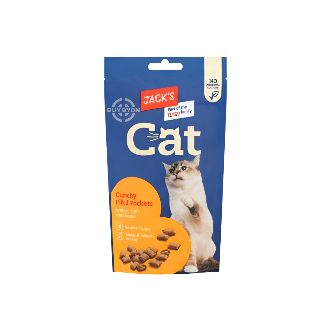 Jack's Cat Crunchy Filled Pockets with Chicken and Cheese - 60g pack, featuring crunchy pockets filled with a tasty chicken and cheese mixture. Ideal for rewarding cats, available across the UK at Buybyon