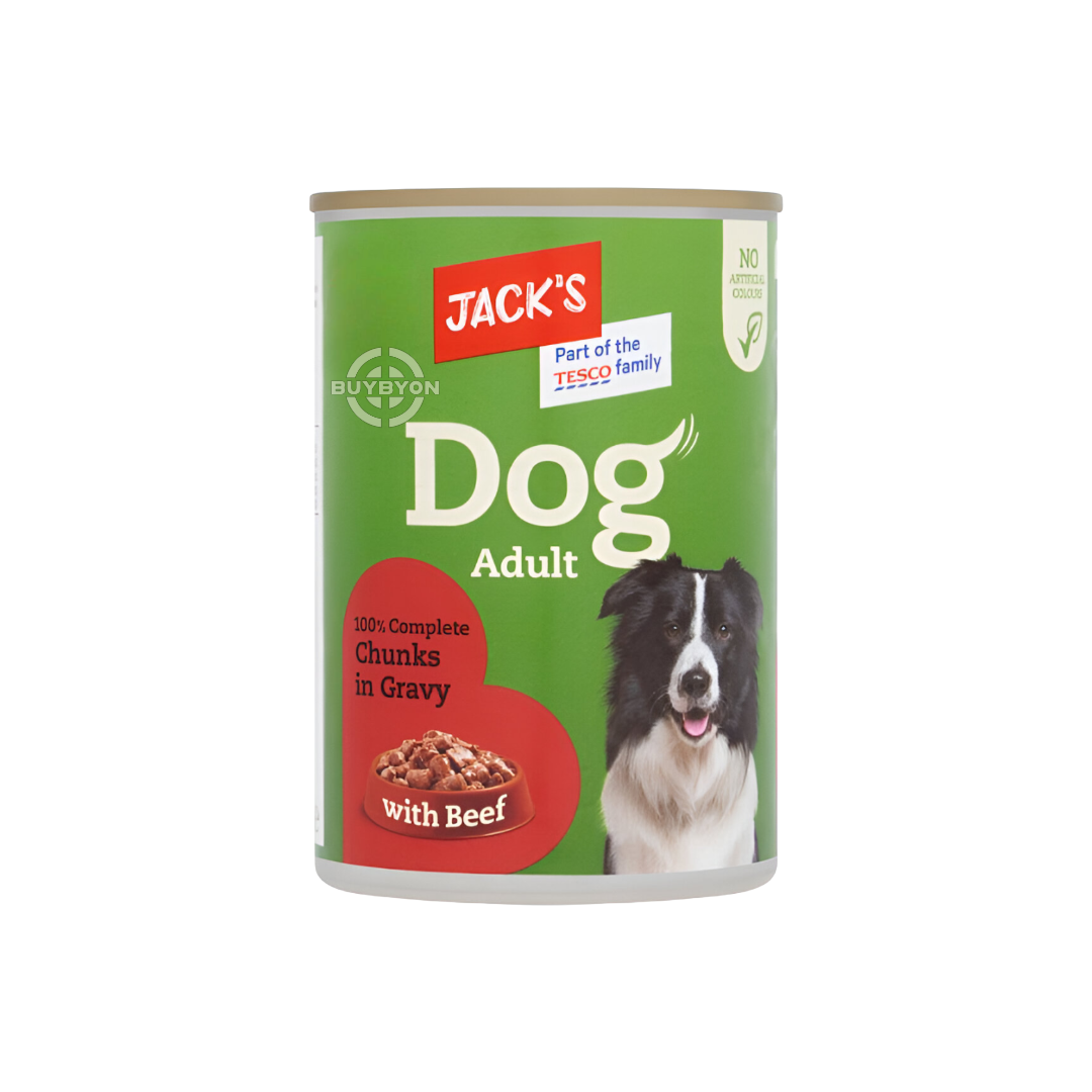 Jack's Dog Adult 100% Complete Chunks in Gravy with Beef - 415g pack, featuring hearty beef chunks in rich gravy for a complete and nutritious meal. Available across the UK at Buybyon.