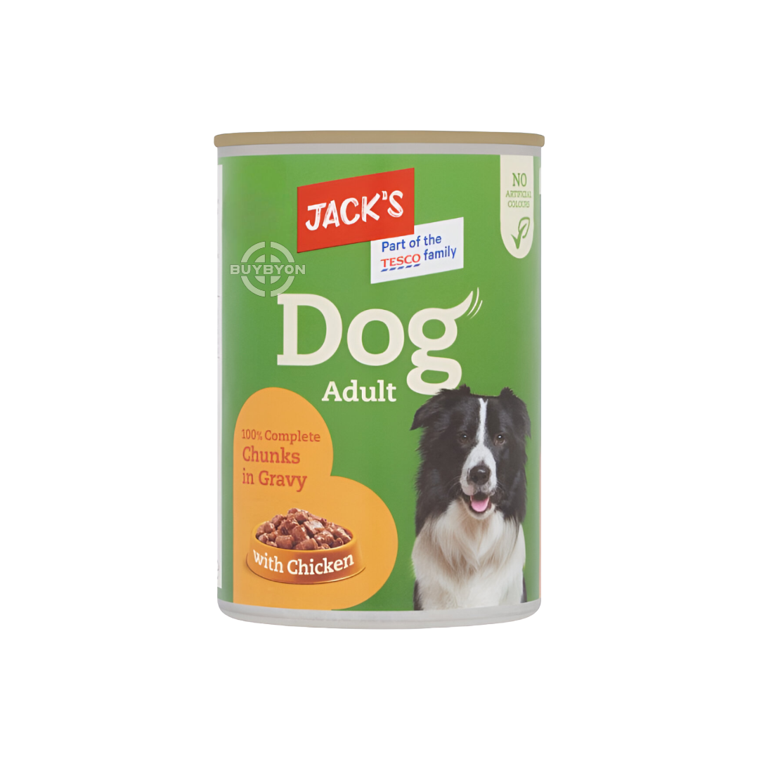 Jack's Dog Adult 100% Complete Chunks in Gravy with Chicken - 415g pack, featuring tender chicken chunks in rich gravy for a complete, nutritious meal. Available across the UK at Buybyon