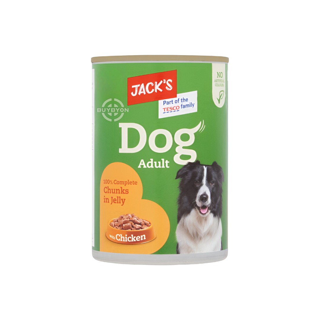 Jack's Dog Adult 100% Complete Chunks in Jelly with Chicken - 415g pack, featuring chicken chunks in savoury jelly for a complete, balanced meal. Available across the UK at Buybyon