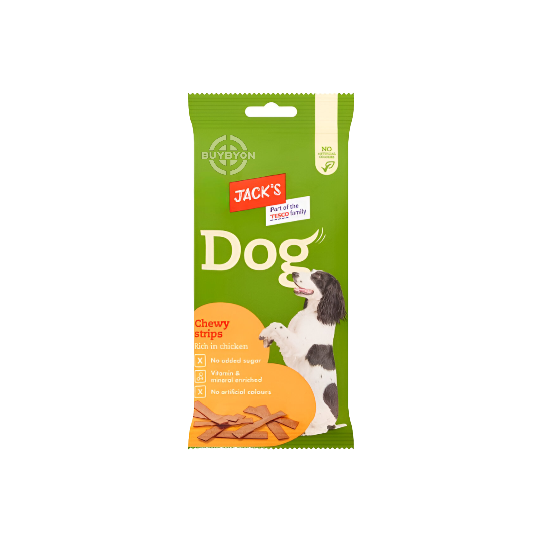 Jack's Dog Chewy Strips Rich in Chicken - 150g pack, featuring chewy strips made with high-quality chicken for a tasty and nutritious dog treat. Available across the UK at Buybyon