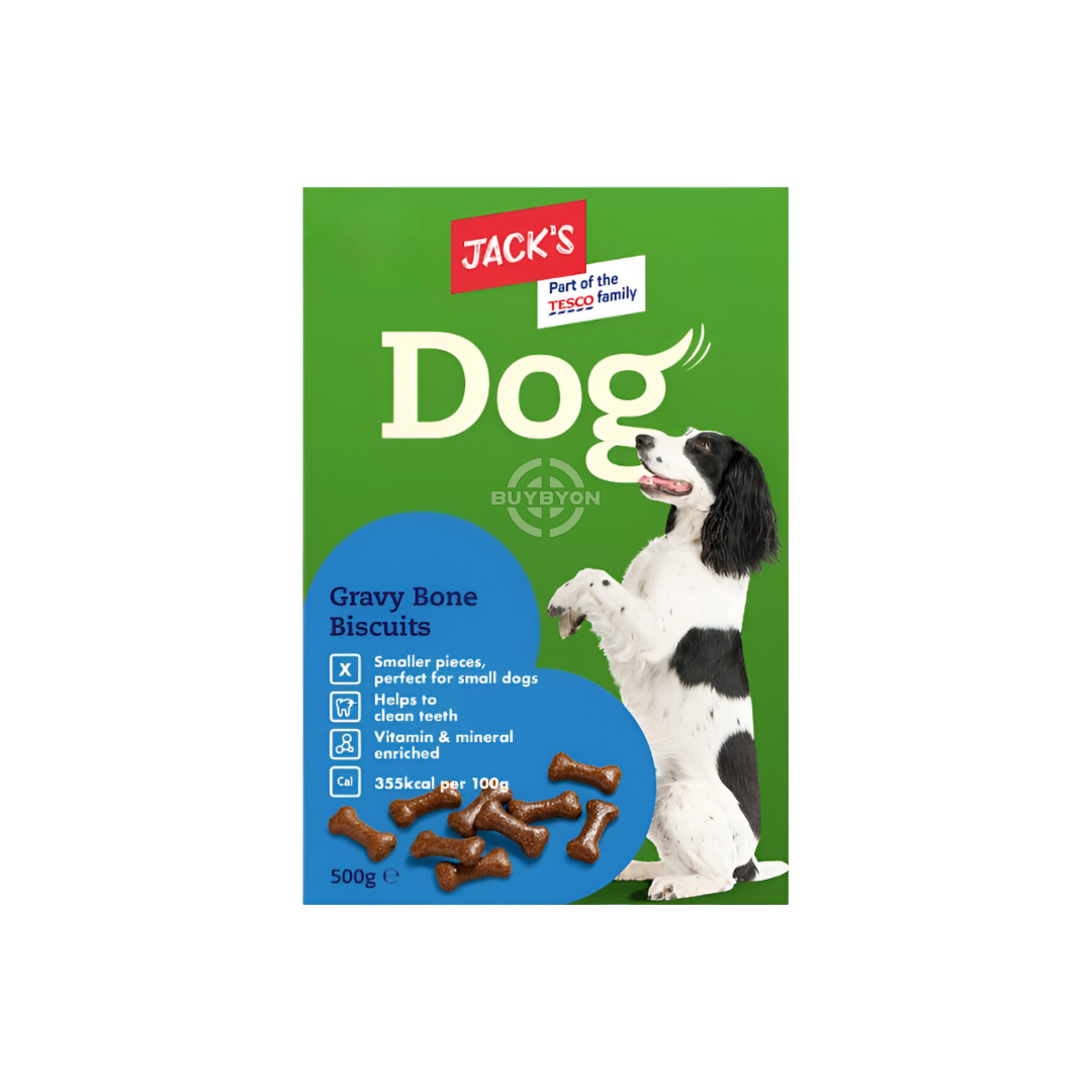 Jack's Dog Gravy Bone Biscuits - 500g pack, featuring bone-shaped biscuits with rich gravy flavour. Ideal for treating and rewarding dogs, available across the UK at Buybyon