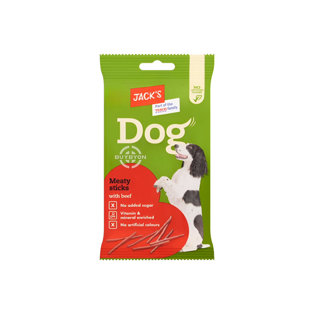 Jack's Dog Meaty Sticks with Beef - 100g pack, featuring beef-flavoured meaty sticks for a protein-rich dog treat. Available across the UK at Buybyon