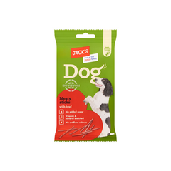 Jack's Dog Meaty Sticks with Beef - 100g pack, featuring beef-flavoured meaty sticks for a protein-rich dog treat. Available across the UK at Buybyon