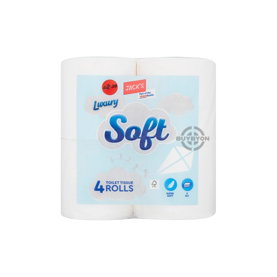 A pack of Jack's Luxury Soft Toilet Tissue featuring 4 rolls, highlighting its plush texture and premium quality for a comfortable and elegant bathroom experience.