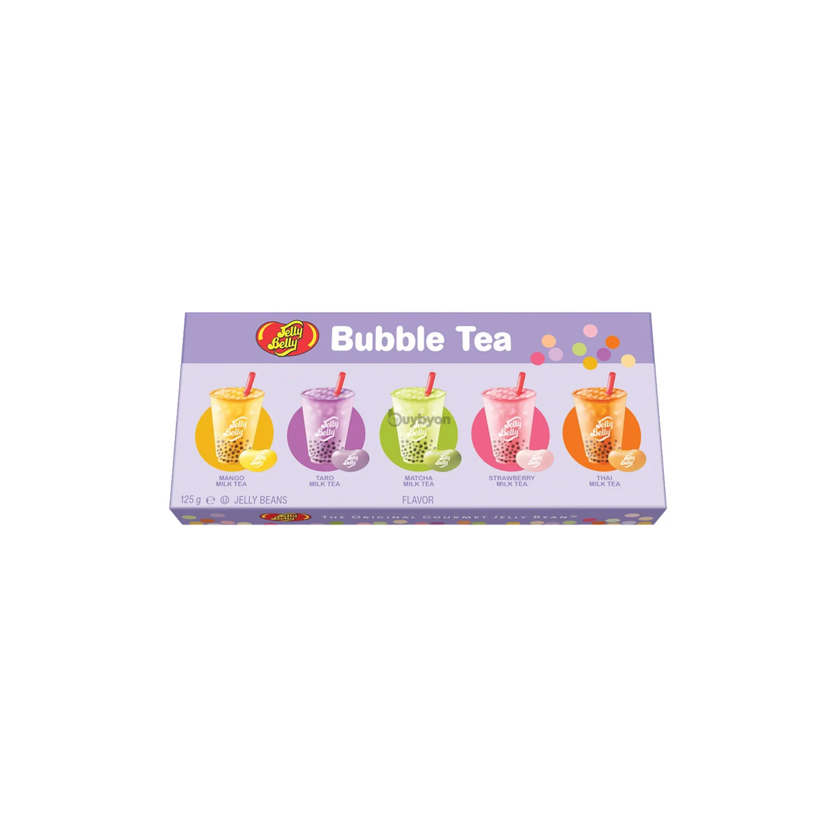A box of Jelly Belly Bubble Tea featuring four illustrated bubble tea cups in yellow, purple, green, and pink, on a plain white background.