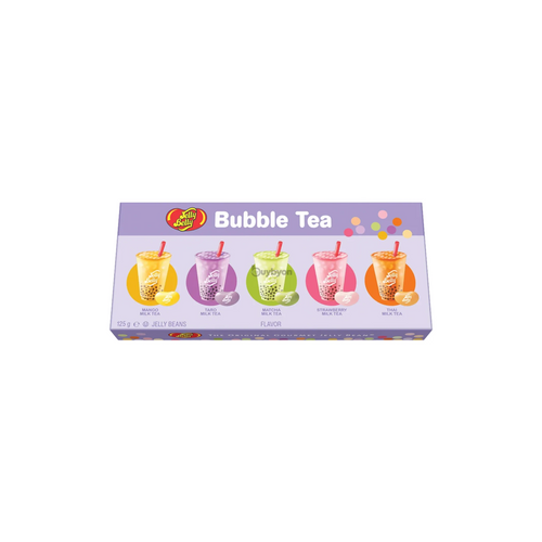 A box of Jelly Belly Bubble Tea featuring four illustrated bubble tea cups in yellow, purple, green, and pink, on a plain white background.
