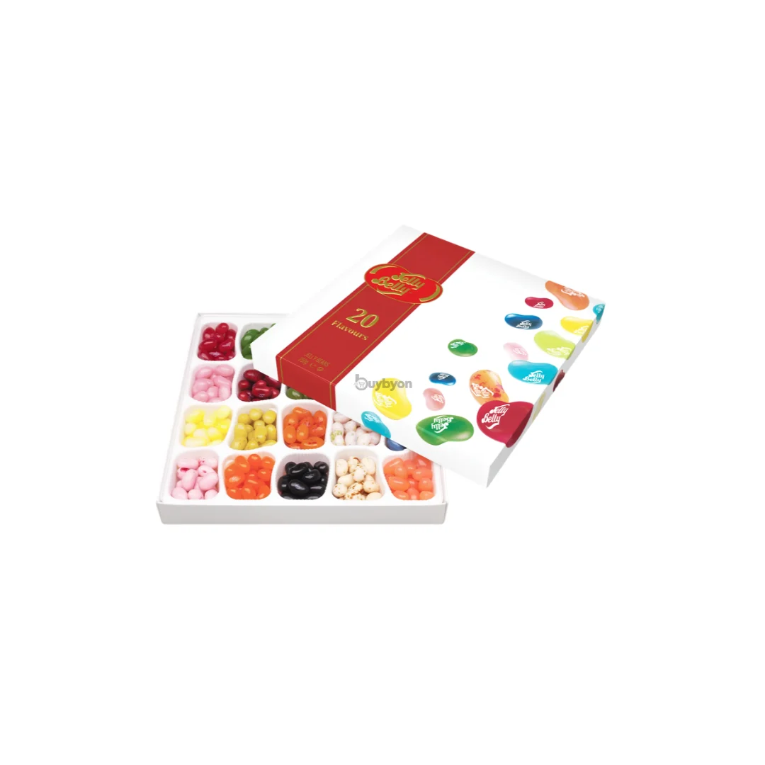 A 20-piece assorted jelly bean gift box set from Jelly Belly, featuring a white box with a red lid and a clear window displaying the colorful jelly beans inside.
