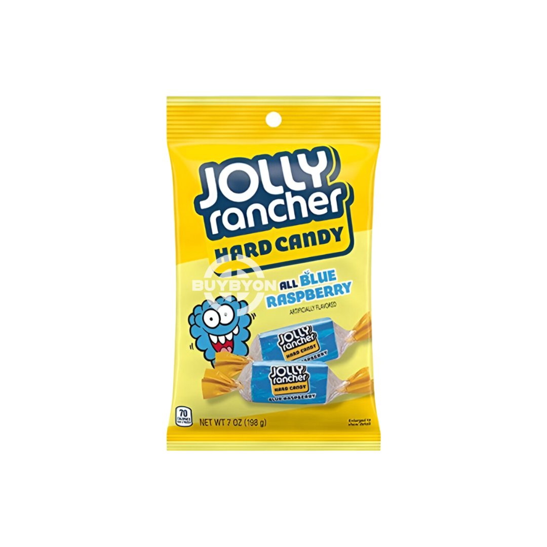 Jolly Rancher Blue Raspberry Hard Candy 198g pack with vibrant blue label and candy pieces, showcasing the bold blue raspberry flavour.