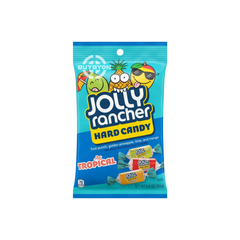 Jolly Rancher Tropical Hard Candy 184g bag featuring vibrant packaging with tropical fruit imagery and colourful candy pieces.