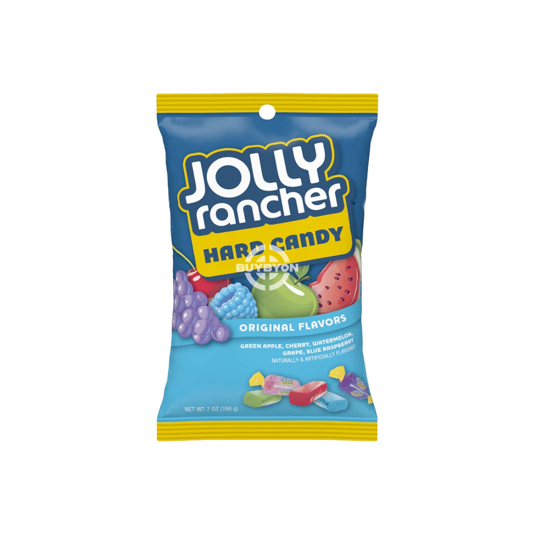 Jolly Ranchers Original Hard Candy 198g pack featuring vibrant colours and individually wrapped candies in assorted fruity flavours.