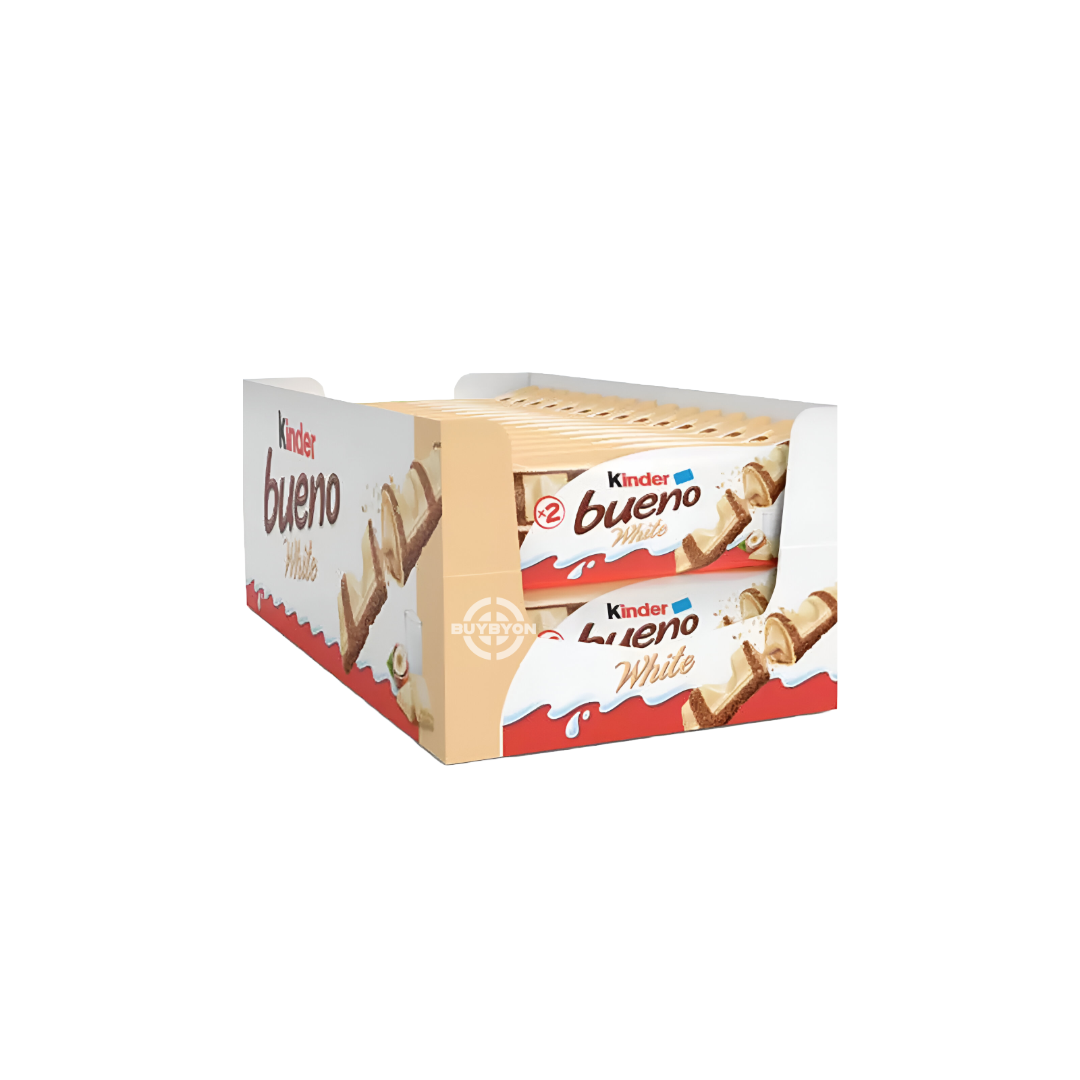 Kinder Bueno White Chocolate Bar - 39g, creamy hazelnut filling, crispy wafer, and white chocolate coating, Pack of 30.