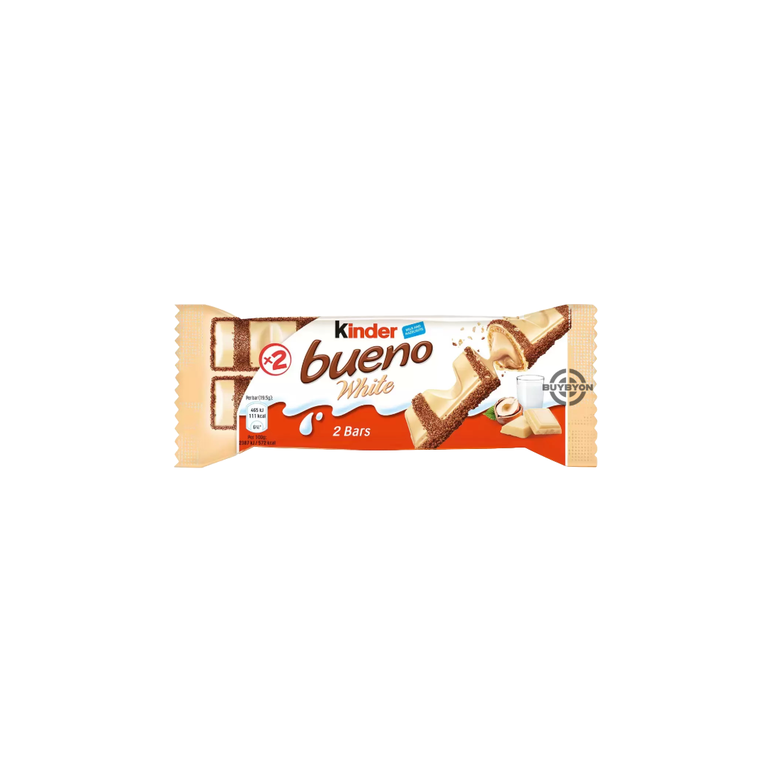 Kinder Bueno White Chocolate Bar - 39g, creamy hazelnut filling, crispy wafer, and white chocolate coating, Pack of 30.