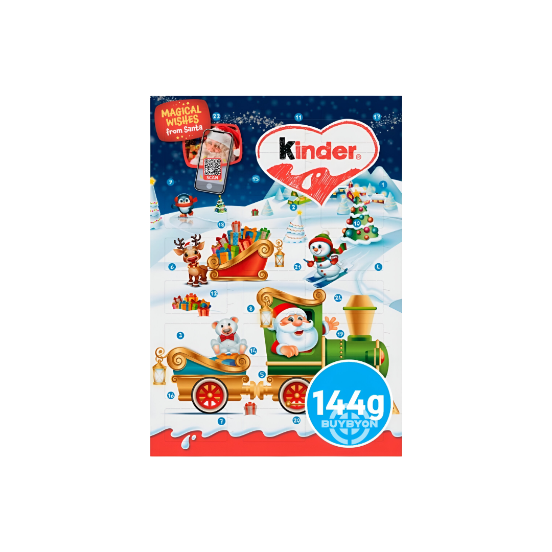 Kinder Chocolate 24 Minis Advent Calendar - 144g featuring a festive design filled with 24 mini Kinder chocolates.