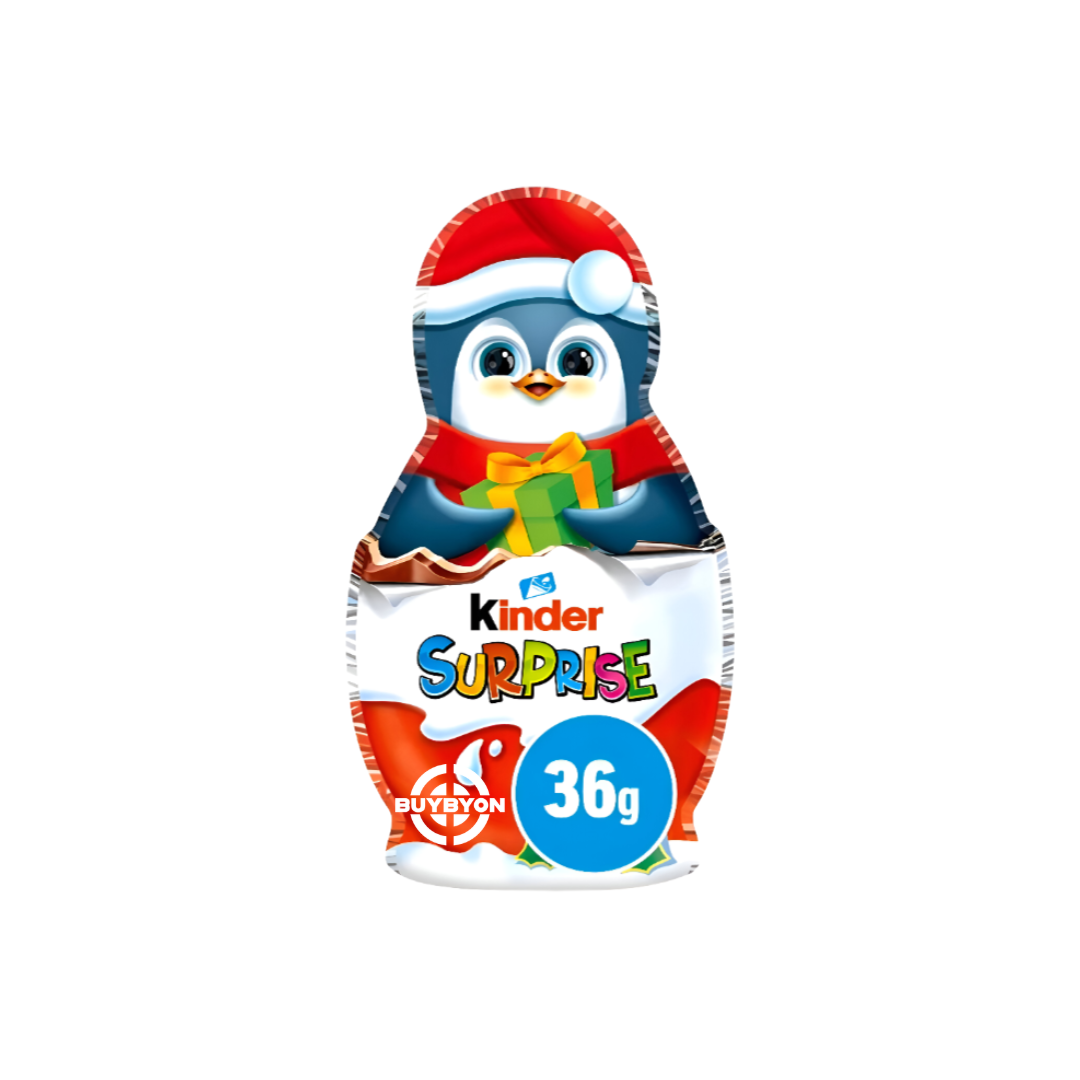 Kinder Surprise Christmas Figure - 36g featuring a festive design and a surprise toy inside with a milk chocolate shell.