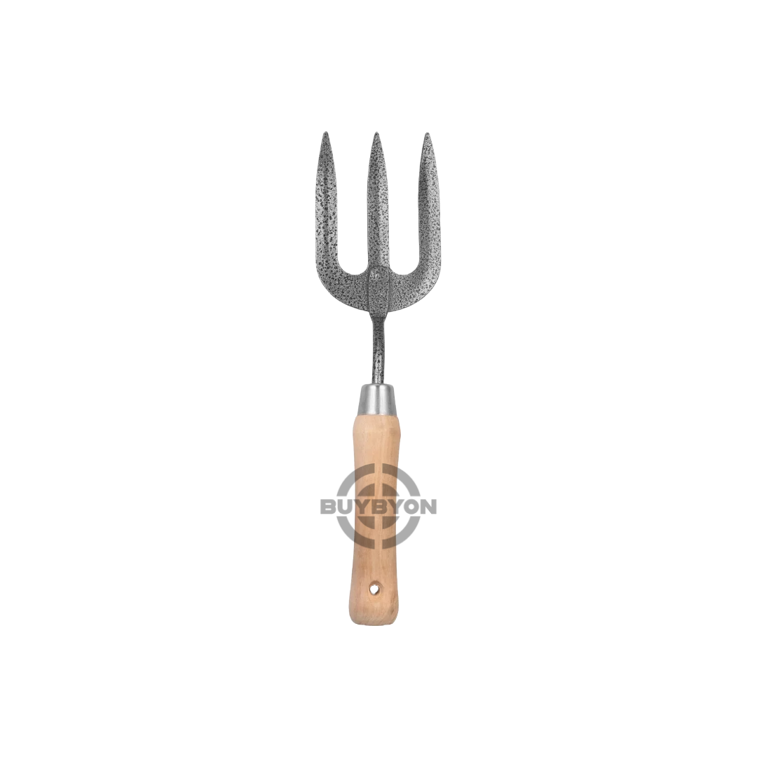 Kingfisher CSHF Wooden Handled Hand Fork, showcasing its sturdy wooden handle and strong steel tines, ideal for various gardening tasks like soil cultivation and weeding.