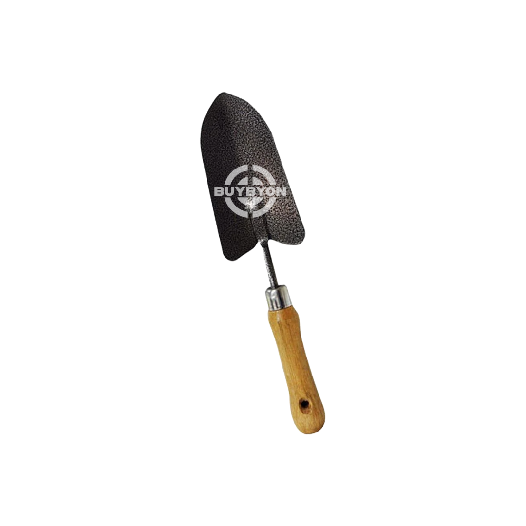 Kingfisher Wooden Handled Garden Hand Trowel, showcasing its durable steel blade and ergonomic wooden handle, ideal for various gardening tasks such as planting and soil preparation.