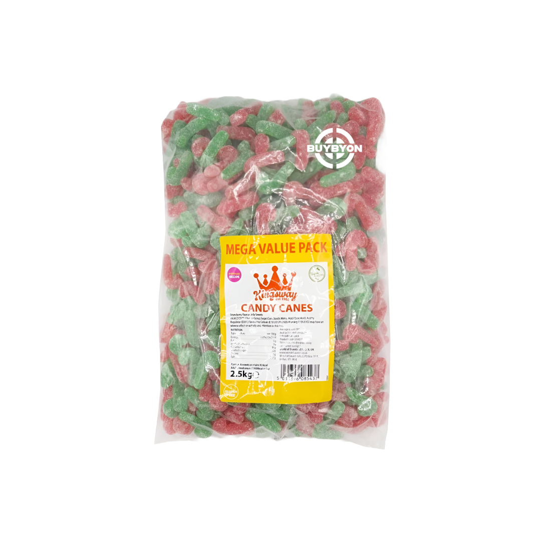 Kingsway Mega Value Vegan Sugared Candy Canes - 2.5kg featuring colourful, sugar-coated candy canes in a large bulk pack, perfect for the holiday season.