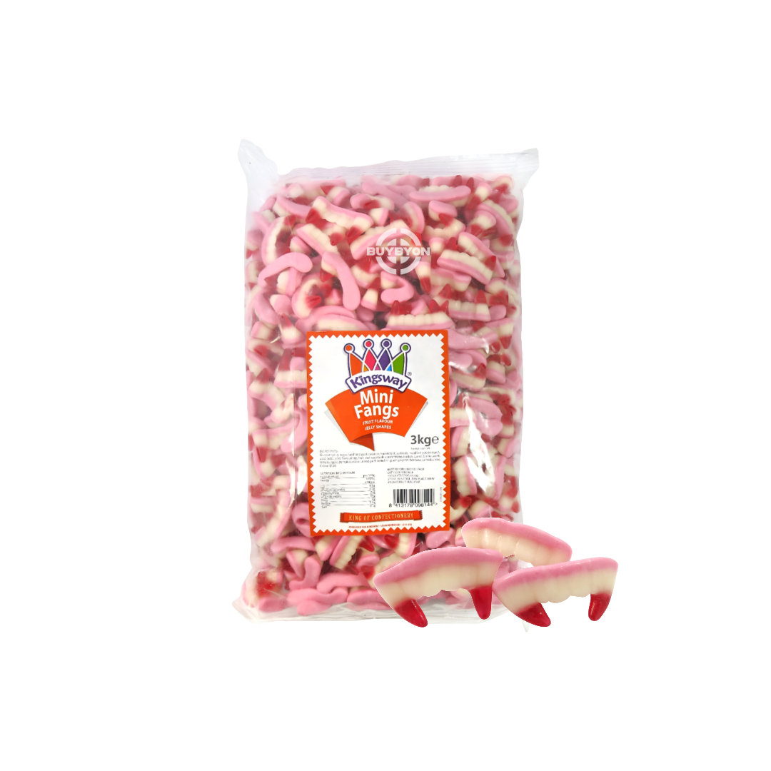 Kingsway Mini Teeth Fangs – 3kg tub filled with fruity gummy candies shaped like fangs, perfect for Halloween treats and playful snacking.