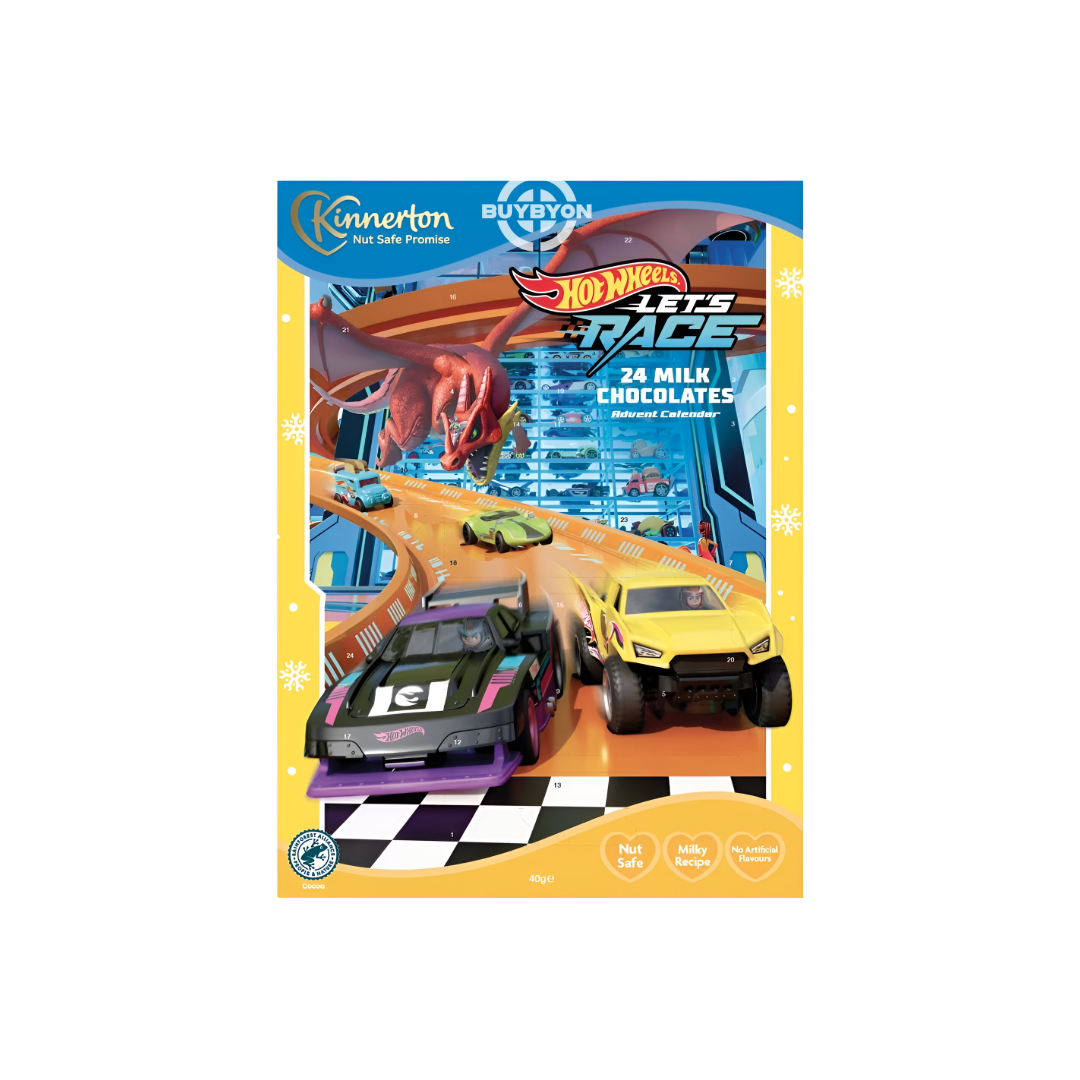 Kinnerton Hot Wheels Advent Calendar - 40g featuring a festive design with exciting Hot Wheels graphics and delicious chocolate treats.