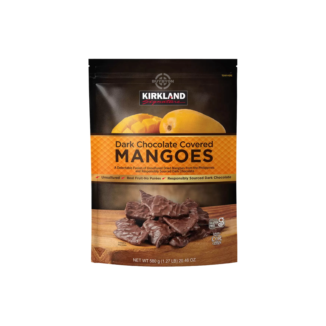 Kirkland Signature Dark Chocolate Covered Mangoes - 580g, dried mango slices coated in dark chocolate.